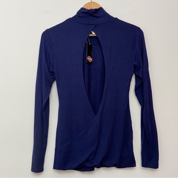 HARLEY-DAVIDSON top sequin lightweight open back long sleeves blue bikercore - Picture 3 of 14